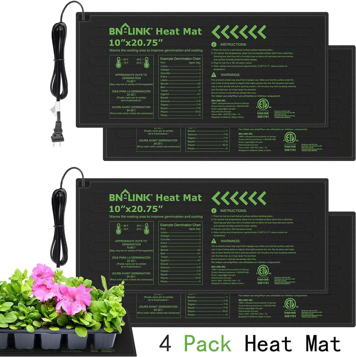 BN-LINK 4Pack Seedling Heat Mat Warm Hydroponic Heating Pad Waterproof 10\