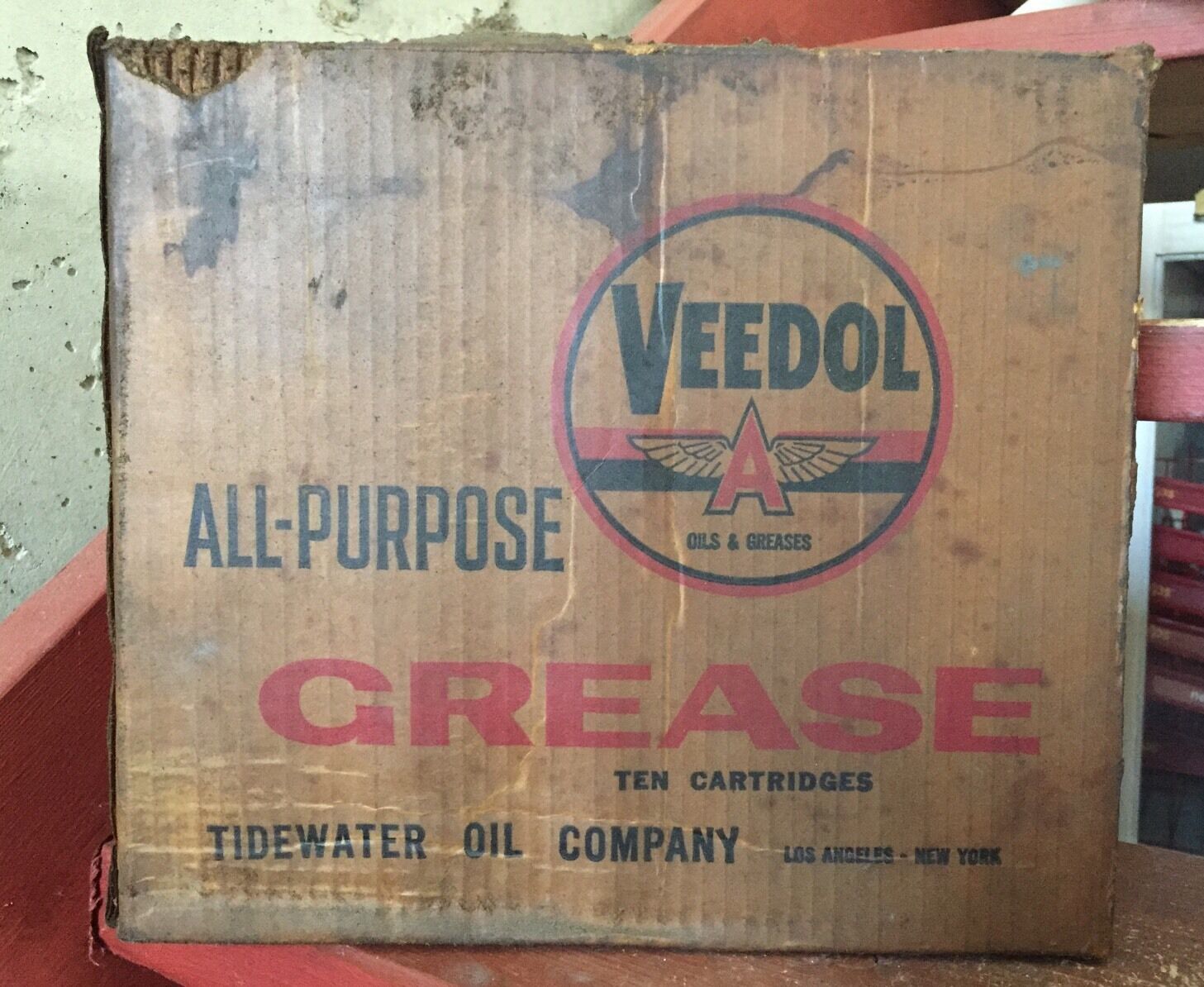 Vintage VEEDOL All Purpose Grease Ten Cartridge Case Box TIDEWATER Oil Co. Sign