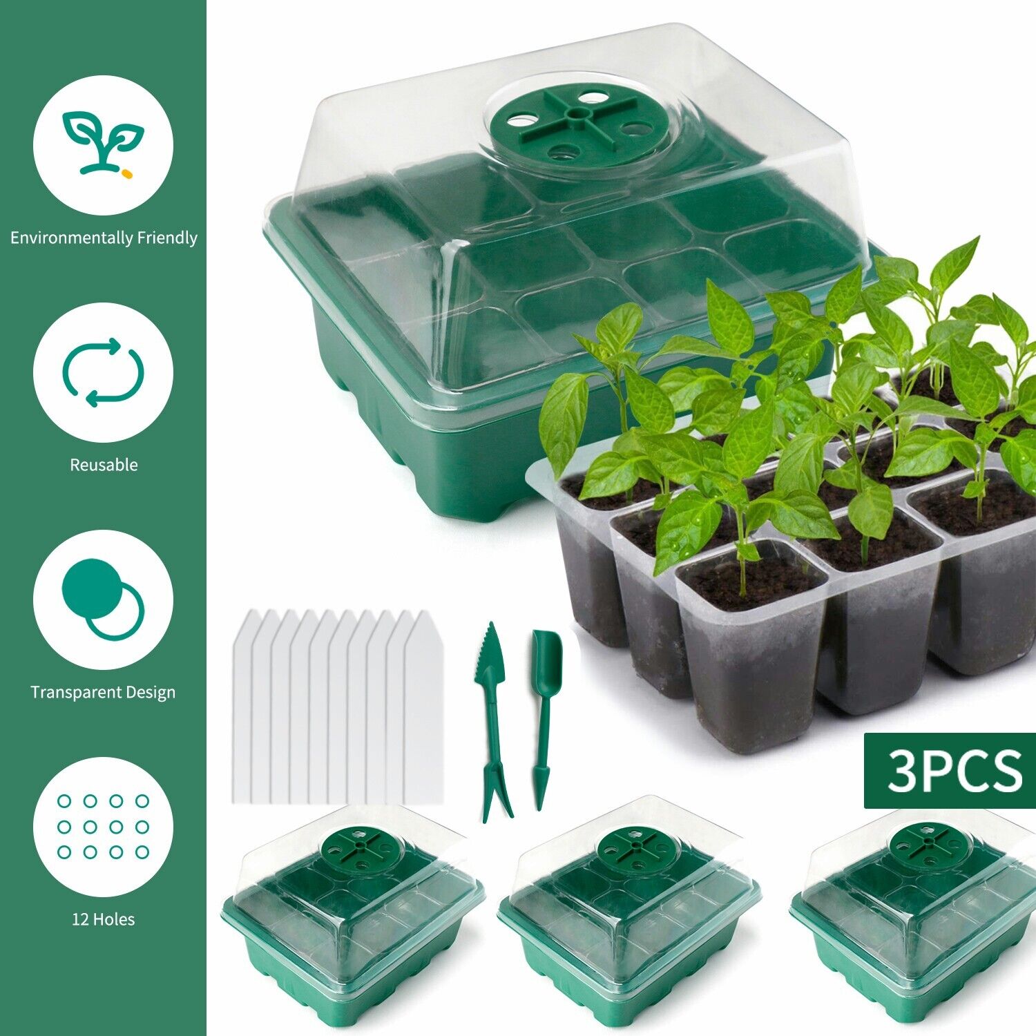 3Pack Seedling Tray Plant Seed Starter Trays Humidity Adjustable Kit In/Outdoor