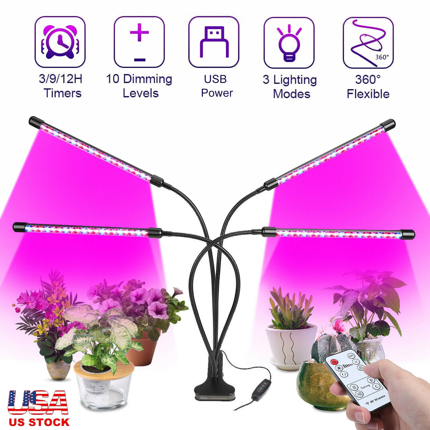 4 Heads Grow Light Plant Growing Lamp for Indoor Plants Hydroponics 80W I1J3