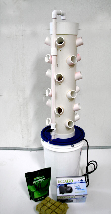 Hydroponic tower with 24 grow pods and a visual water fountain.Complete assembly