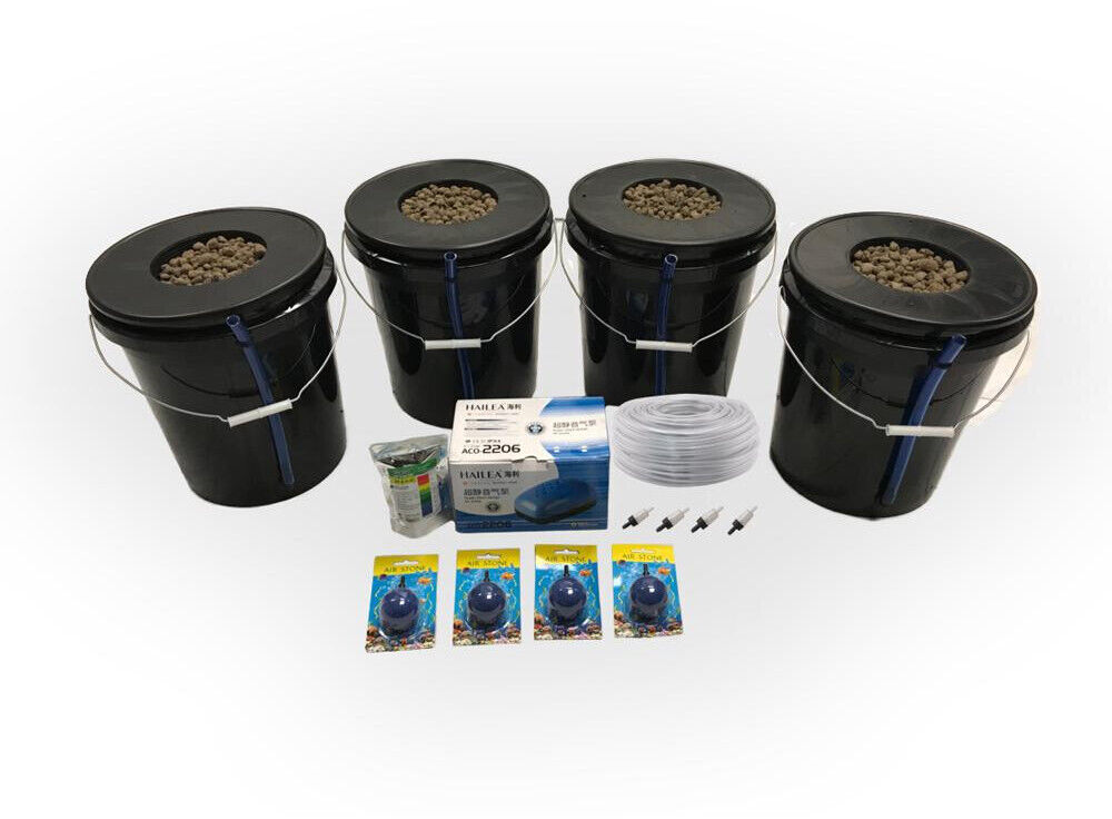 Hydroponic Deep Water Culture 4 Plant Bucket Grow System Kit Complete w Bubble