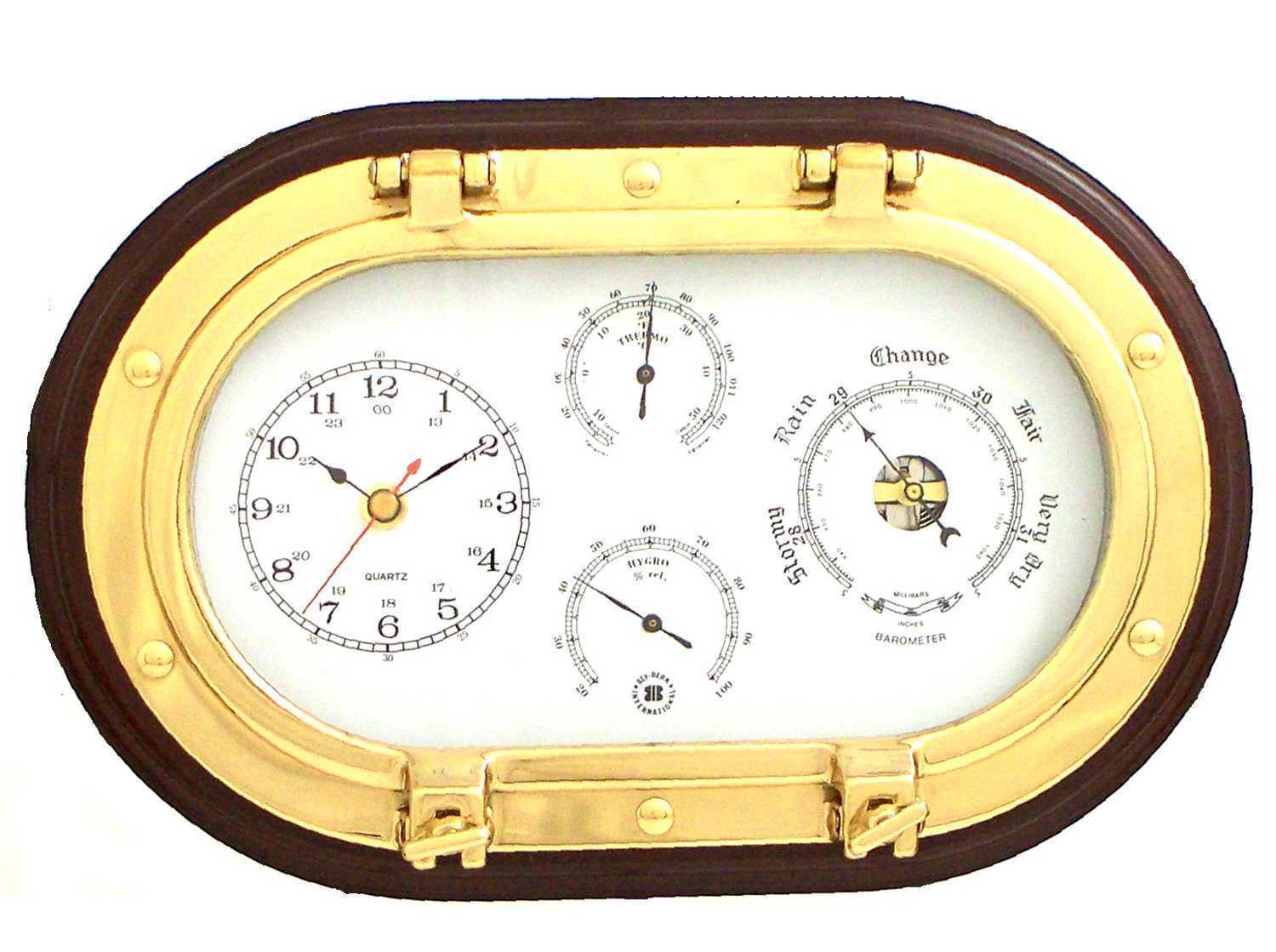Lacquered Brass Oval Porthole Quartz Clock, Barometer Thermometer and Hygrometer