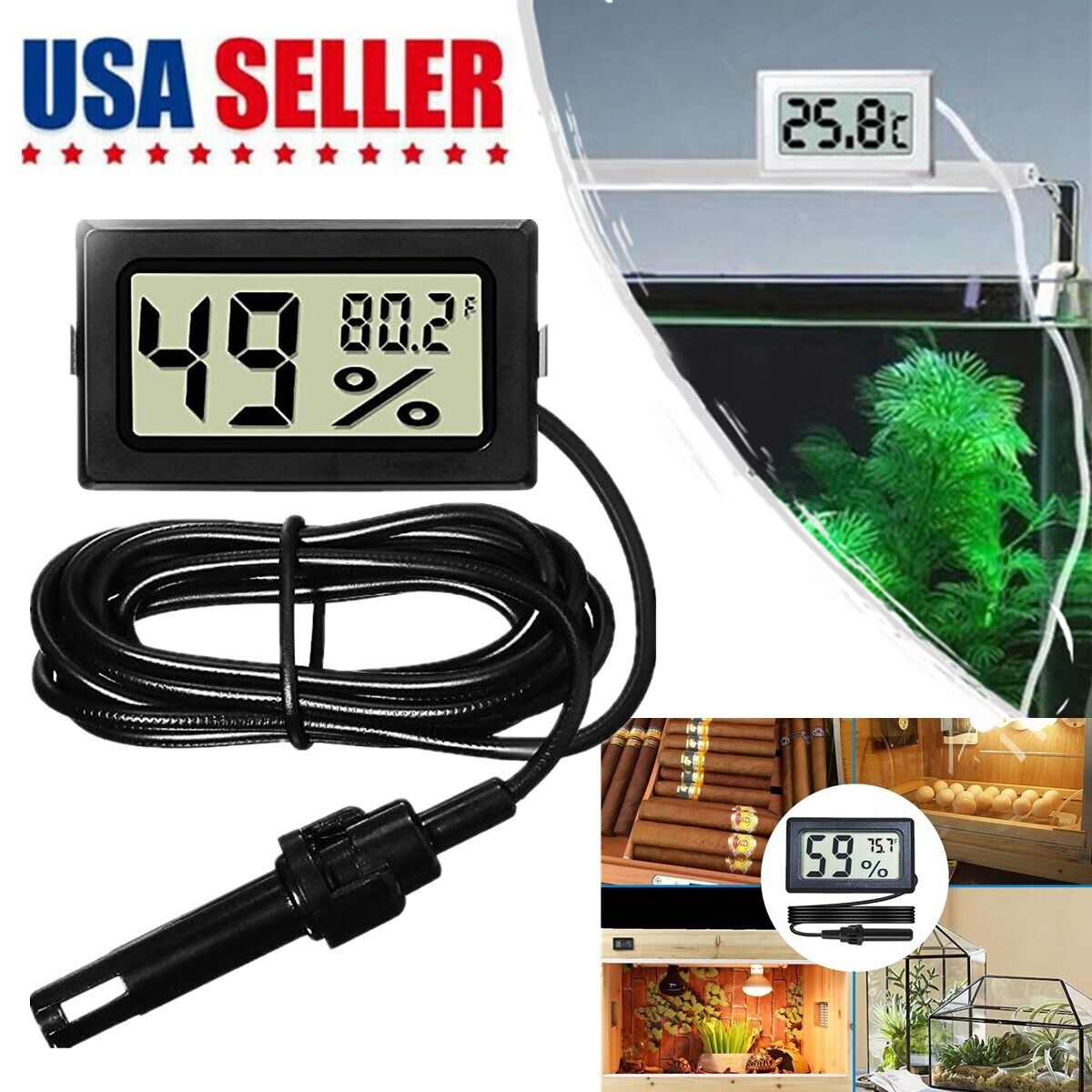 LCD Digital Thermometer Hygrometer Aquarium Humidity Meter Gauge Fahrenheit US