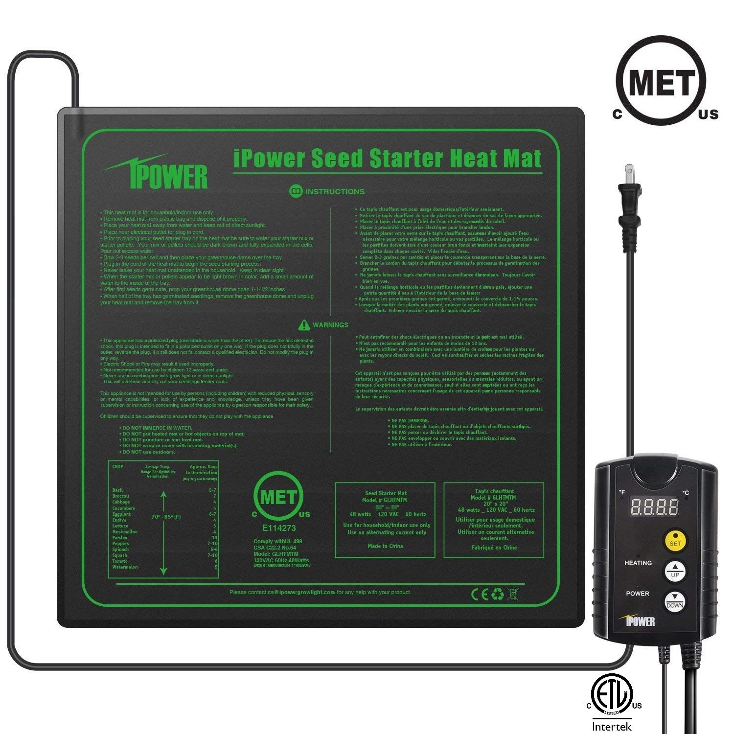 iPower MET Certified Seedling Heat Mat & ETL Digital Thermostat Control Combo