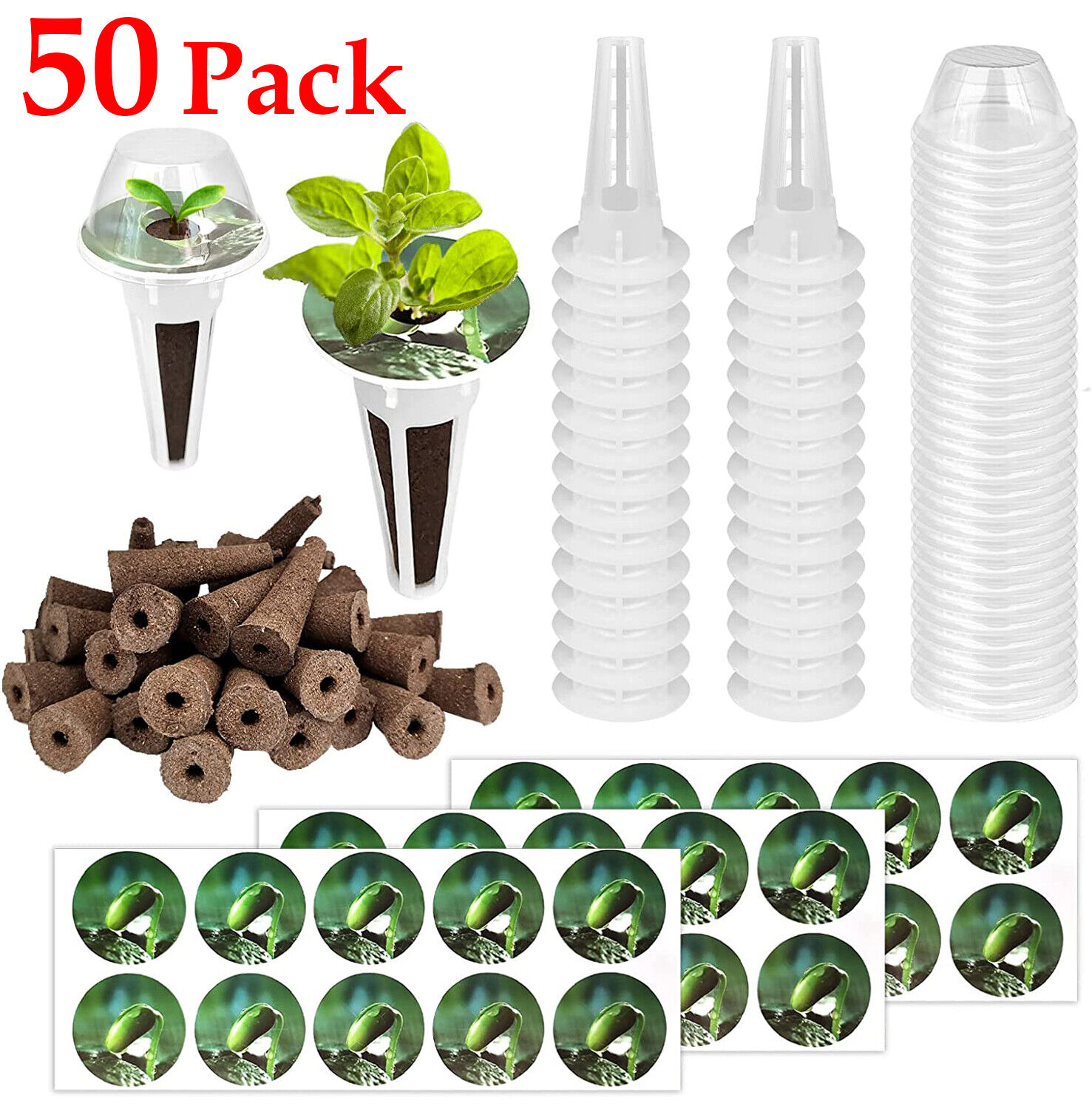 50 Pack Hydroponic-Garden System Seed-Pods Kit-50 Grow Baskets 50 Sponges & Lids