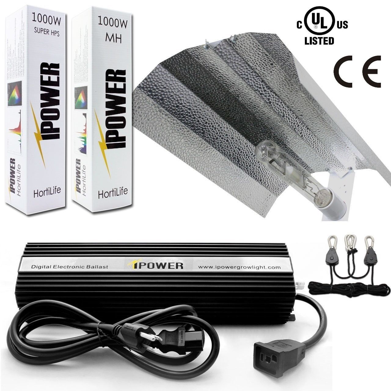 iPower 400/600/1000W HPS&MH Grow Light System Kit Cool Tube Hood Wing Reflector