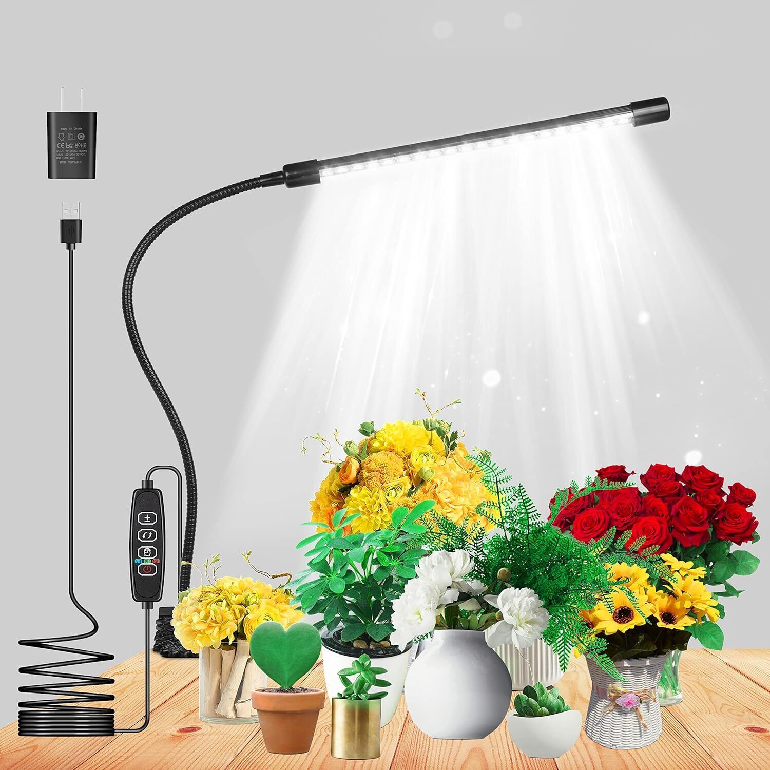 Smart LED Grow Light Lamp, 20 Beads, 3 Modes, 9 Dim Levels, USB, AC Plug