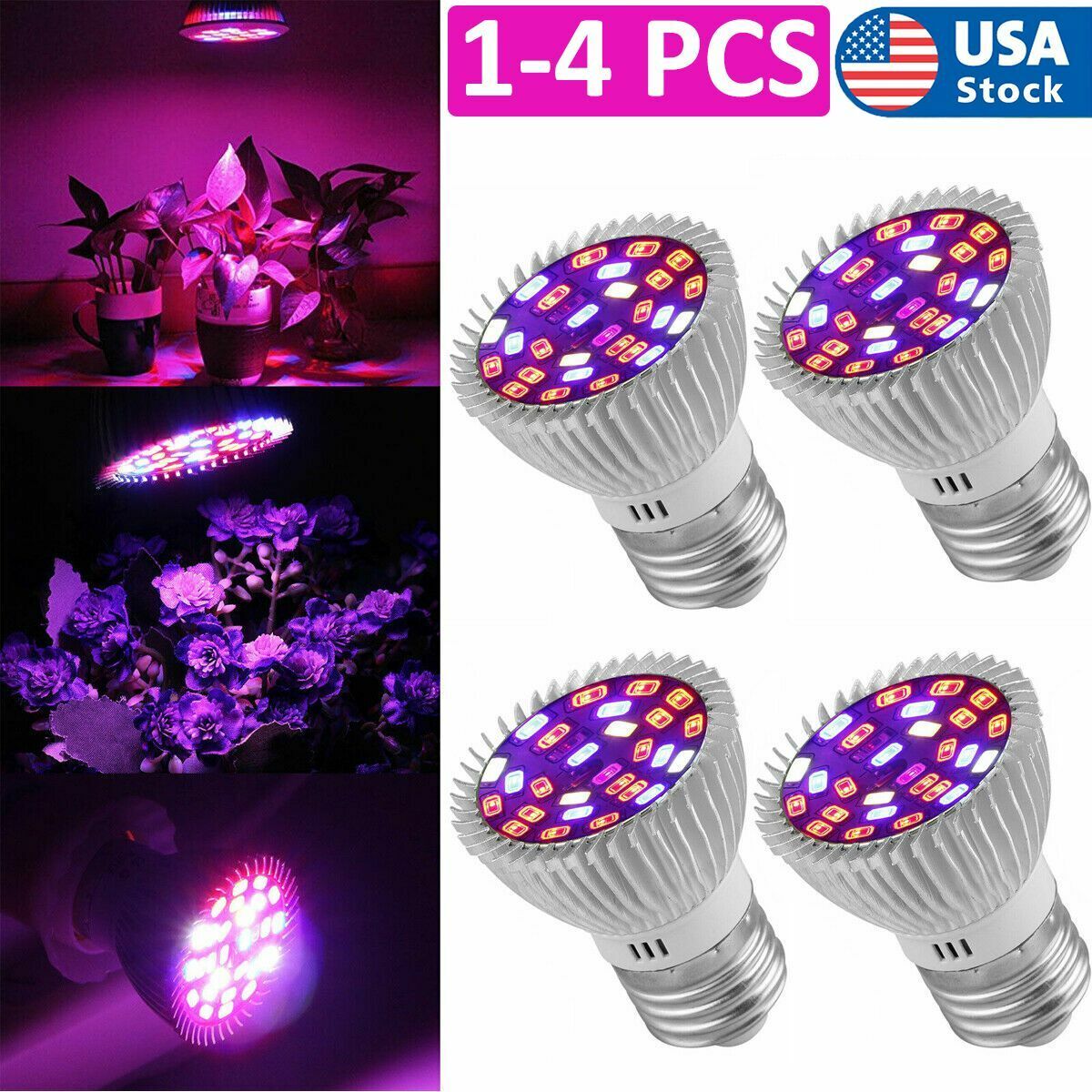 1-4 Packs Full Spectrum E27 LED Grow Light Bulb Lamp for Veg Bloom Indoor Plant