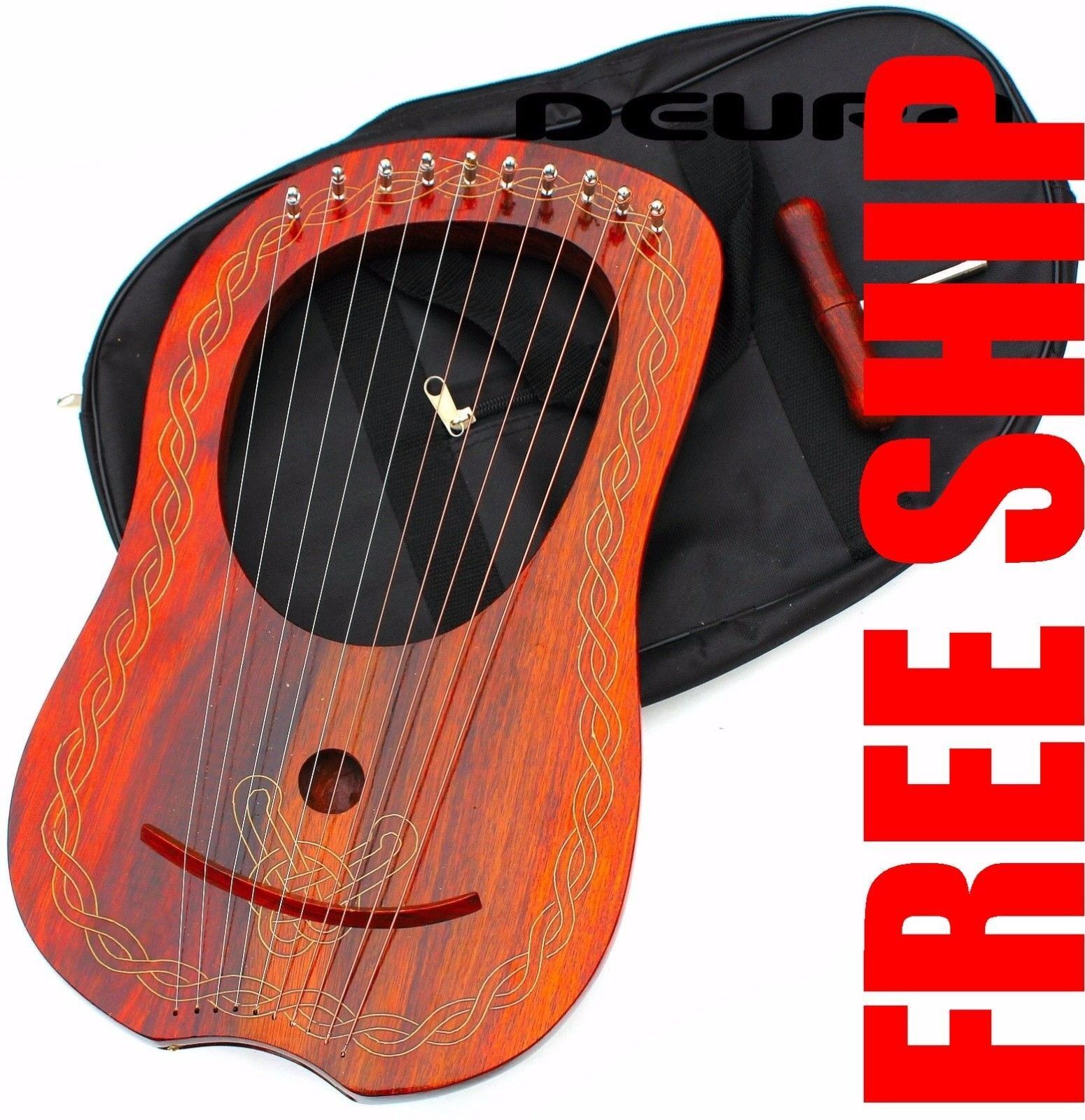 10 Strings ROSEWOOD Lyre Harp Celtic + Tuning Key & bag Case 