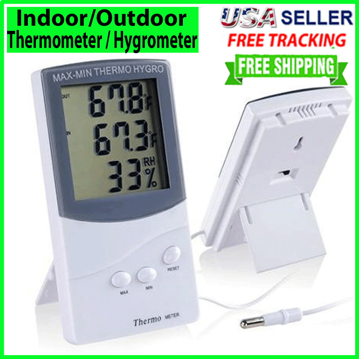 LCD Indoor/Outdoor Thermometer Digital Hygrometer Temperature Humidity Display