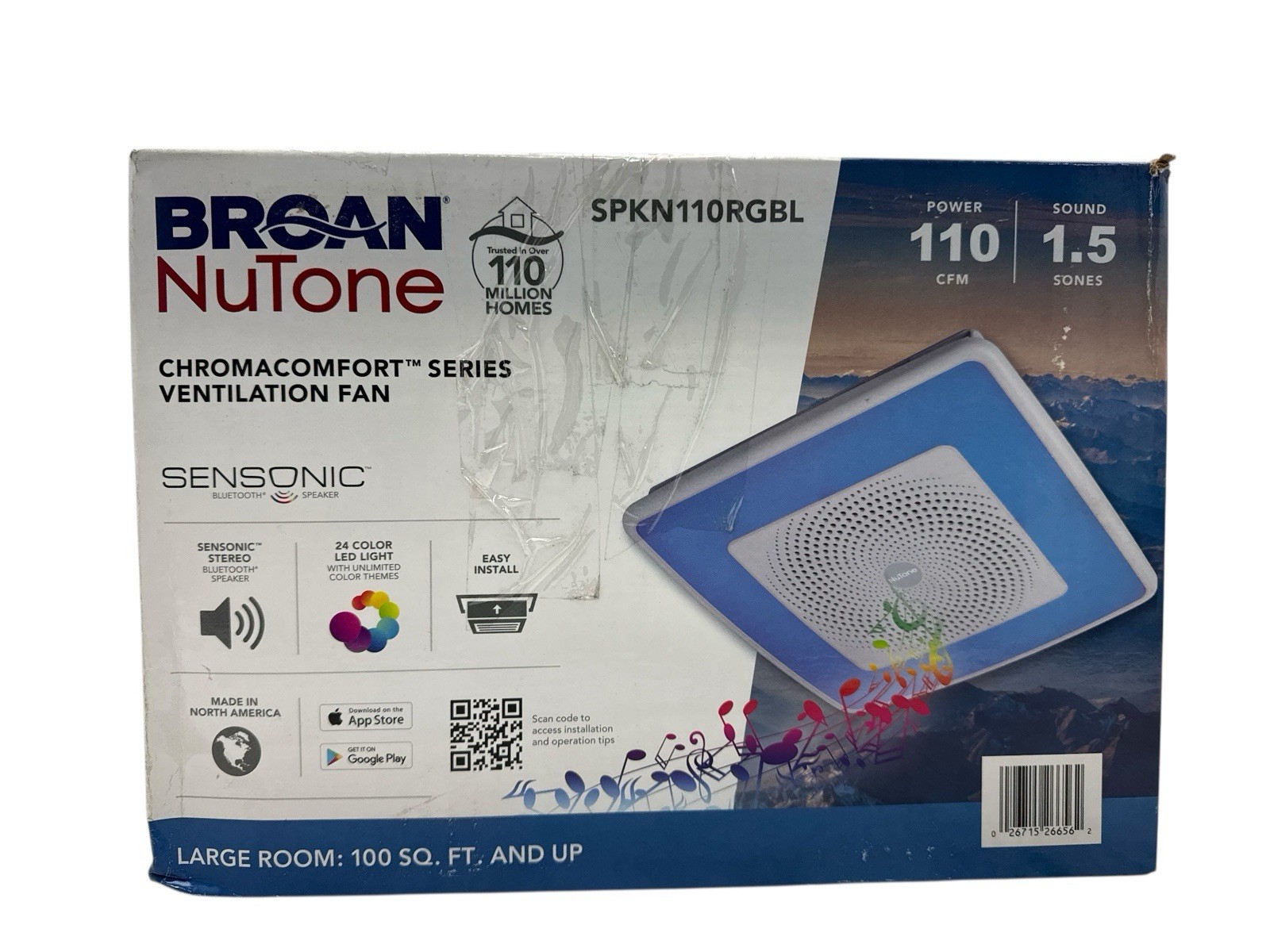 NuTone Chromacomfort Exhaust Fan w/Bluetooth Speaker & Light SPKN110RGBL (OB)
