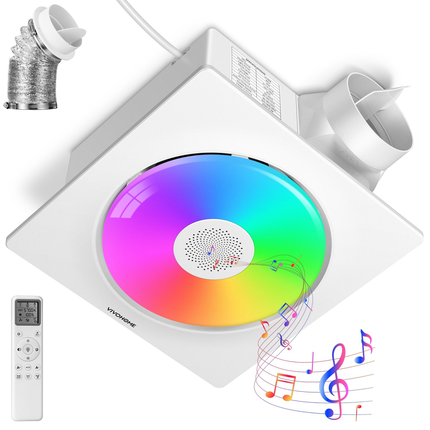 160CFM Bathroom Exhaust Fan RGB Lighting Bluetooth Speaker Auto Humidity Sensor