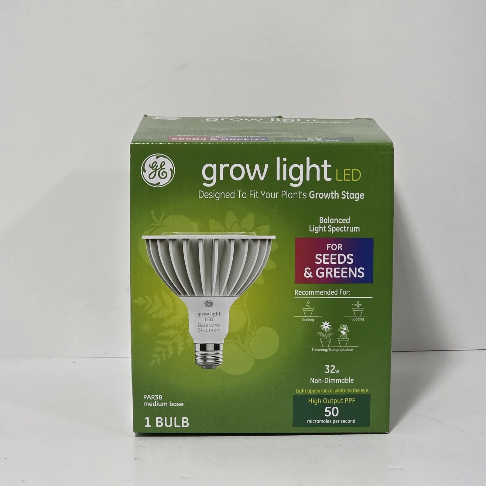GE PAR38 LED Grow Light Bulb - Seeds & Greens Balanced Spectrum 32W 50 PPF