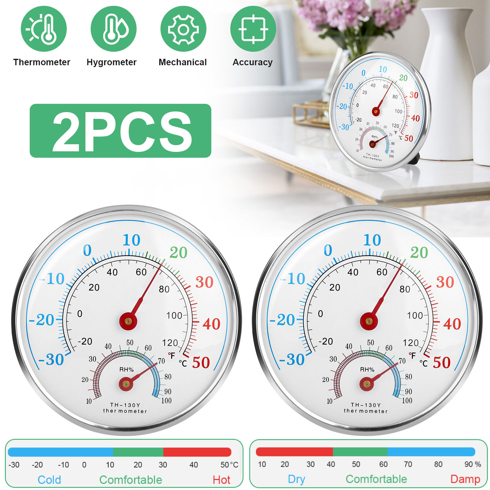 2pcs Analog Thermometer Hygrometer Humidity Meter Gauge Temperature Room Indoor 2pcs Analog Thermometer Hygrometer Humidity Meter Gauge Temperature Room Indoor