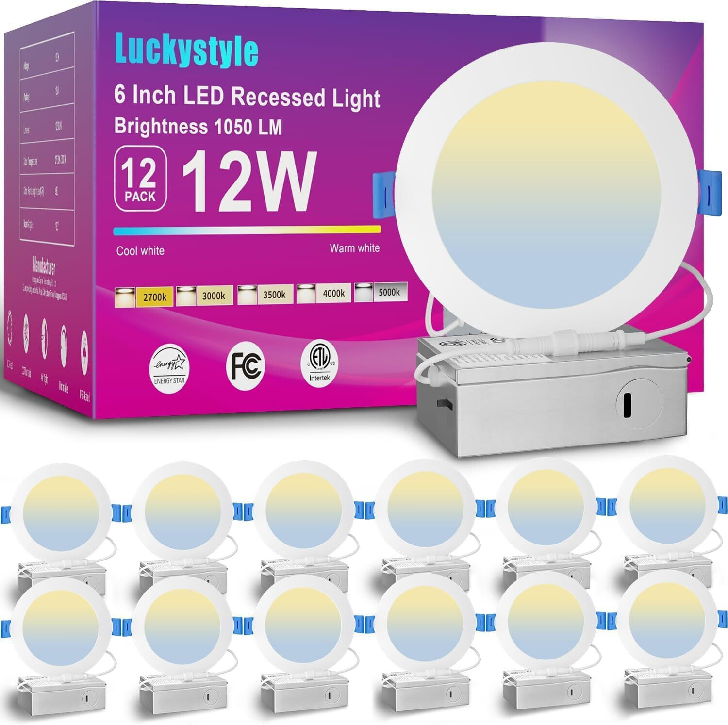 12 Pack 6 Inch 5CCT Ultra-Thin LED Recessed Ceiling Light with Junction Box