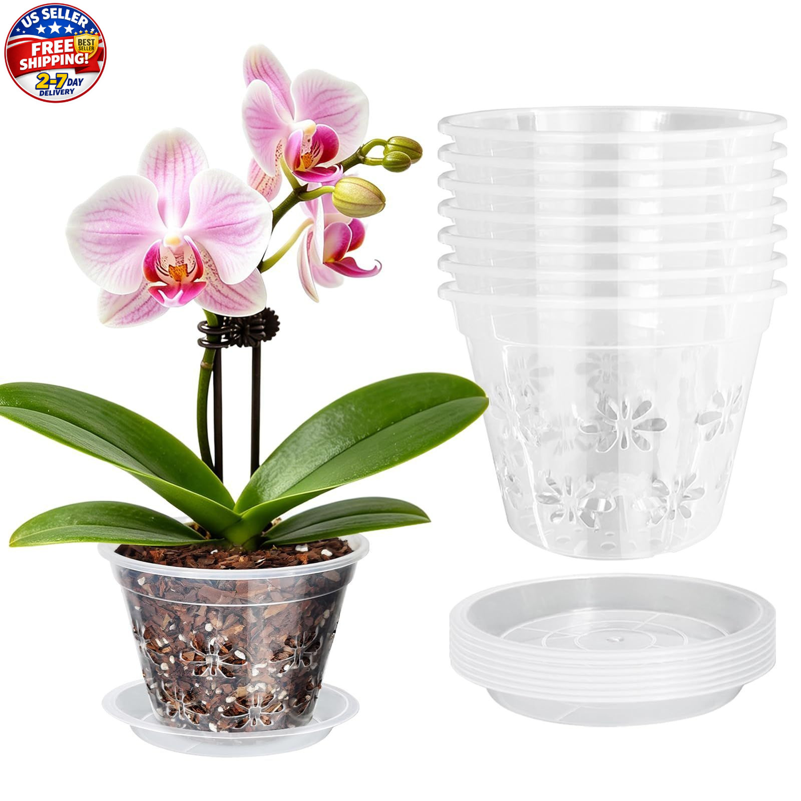Orchid Pot, 4''(top diameter) x 3.1''H 8 Pack Clear Orchid Pots with Holes and S