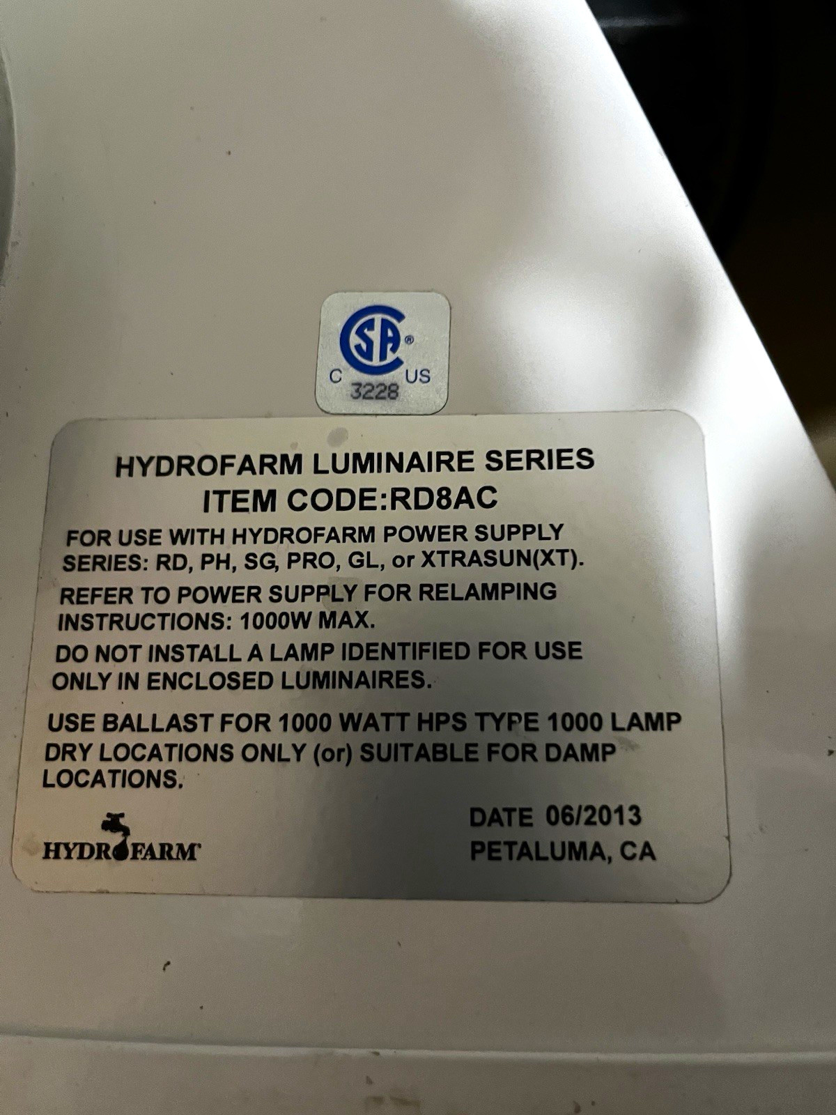 Hydrofarm RD8AC 1000W HPS HID Grow Light Kit w/ Ballast, Reflector/Hood