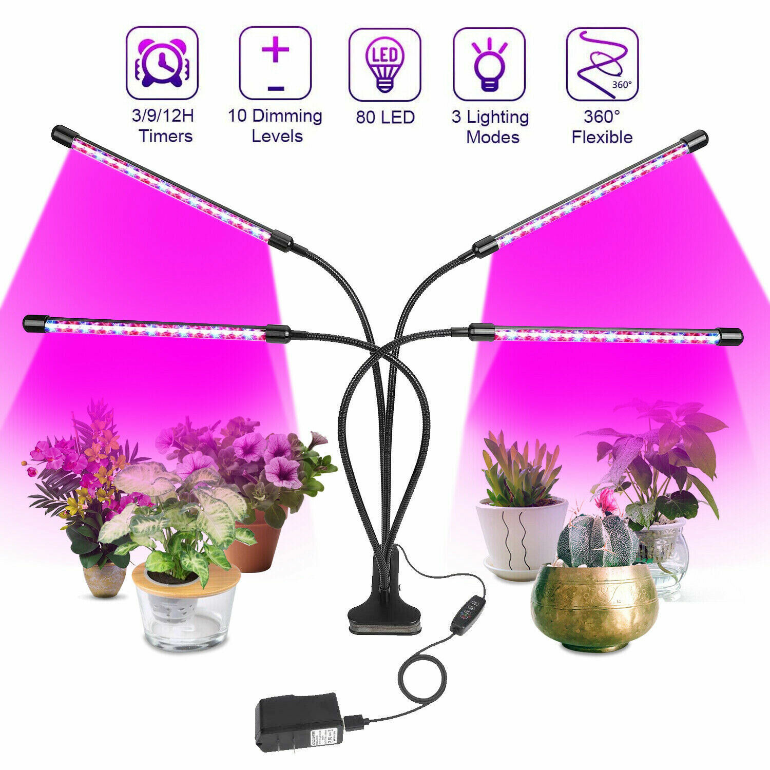 4 Heads 80 LED Grow Light Plant Growing Lamp for Indoor Plants Hydroponics USB