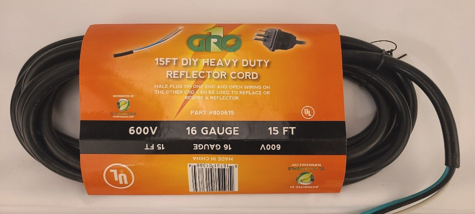 GROW1 DIY 15 Ft. Hood / Reflector Lamp Cord Repair 16 Gauge 600V Grow Light Cord