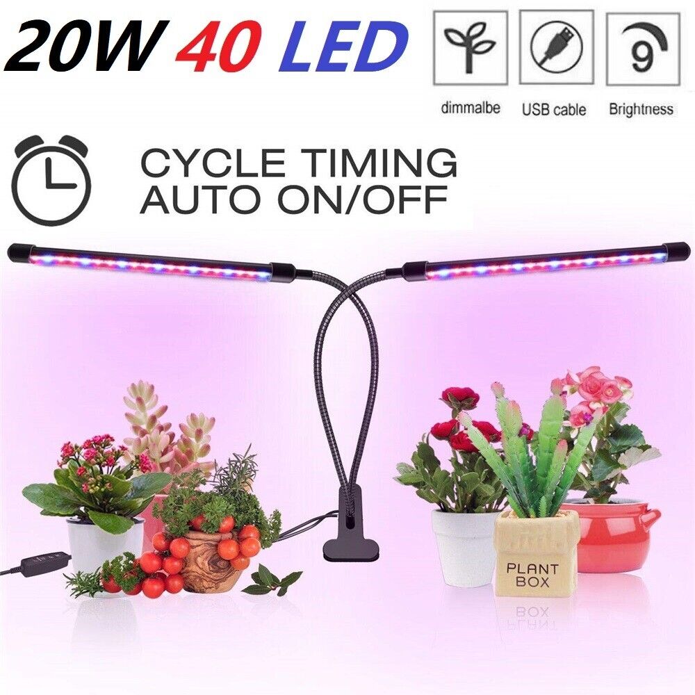Plant Grow Light Gooseneck Dual Head LED Lamp Hydroponics Greenhouse Dimmable US