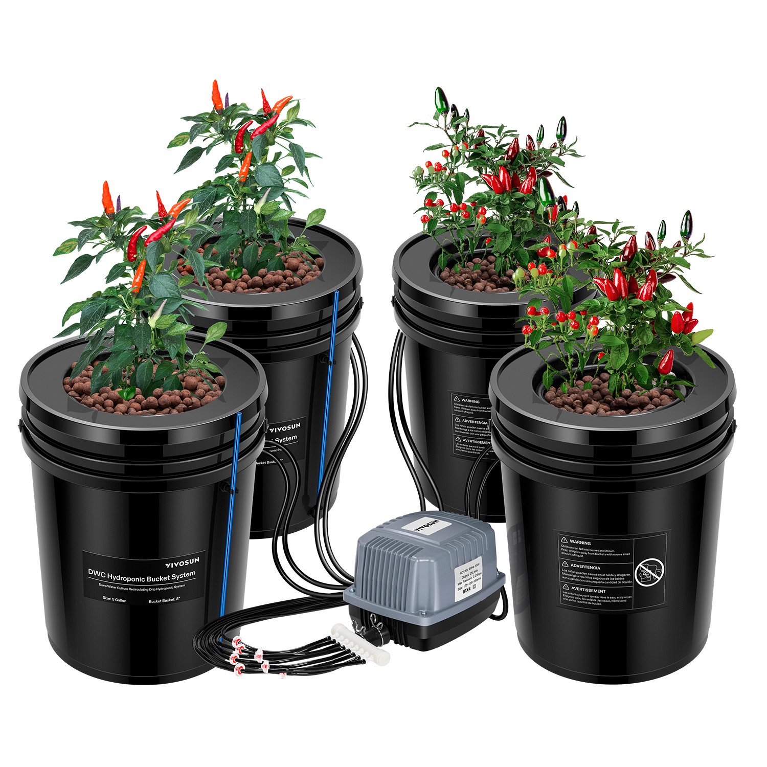 VIVOSUN 5 Gal DWC Hydroponics Grow Kits Deep Water Culture w/ 4 Buckets Air Pump