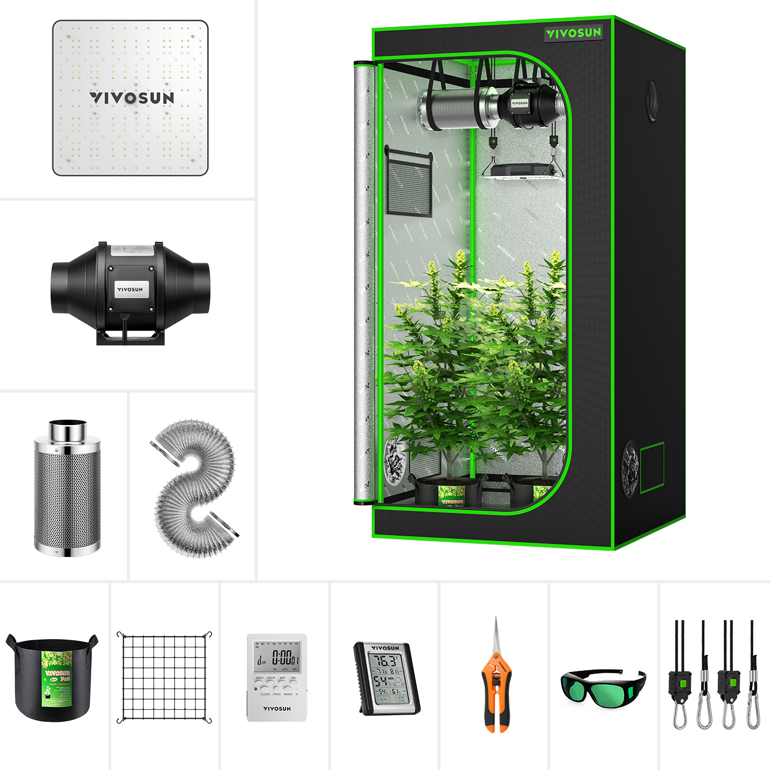 VIVOSUN Complete Grow Tent Kit w/ LED grow light ,4/6/8'' Inline Fan Kit/