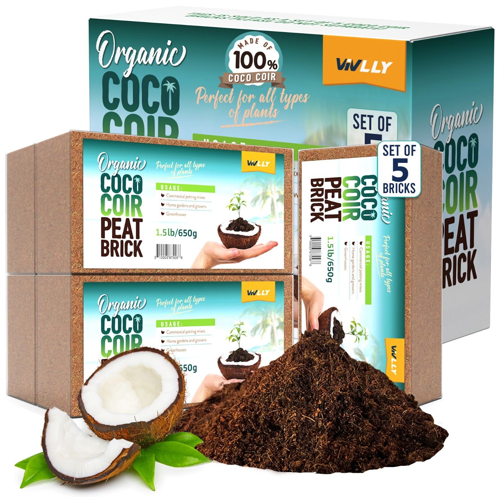 Organic Coco Coir Bricks Coconut Fiber for Growing Natural Seed Starter 5 Bricks