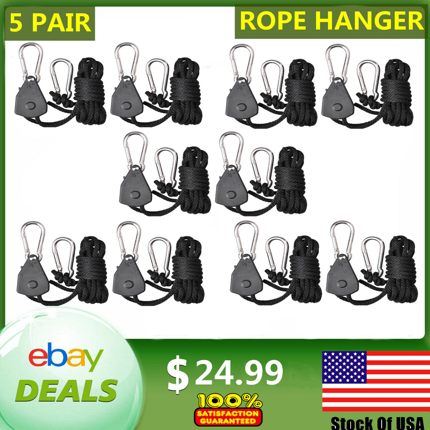 5 Pairs of Grow Light Rope Hanger Ratchet Reflector Hangers 150lb 1/8\