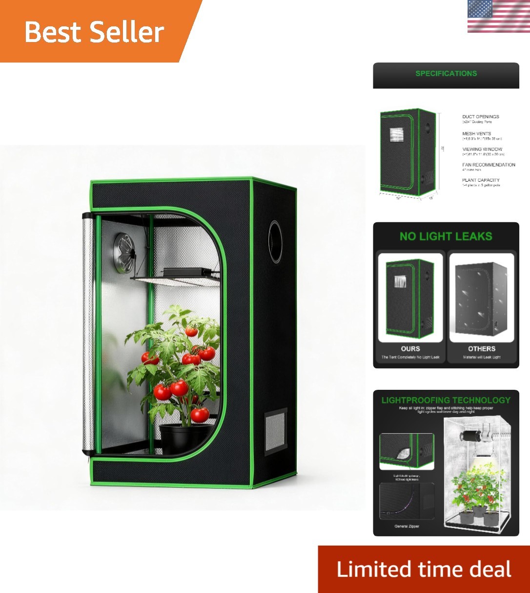 Durable 18”x18”x36” Grow Tent with Observation Windows & Heavy-Duty Zipper Door