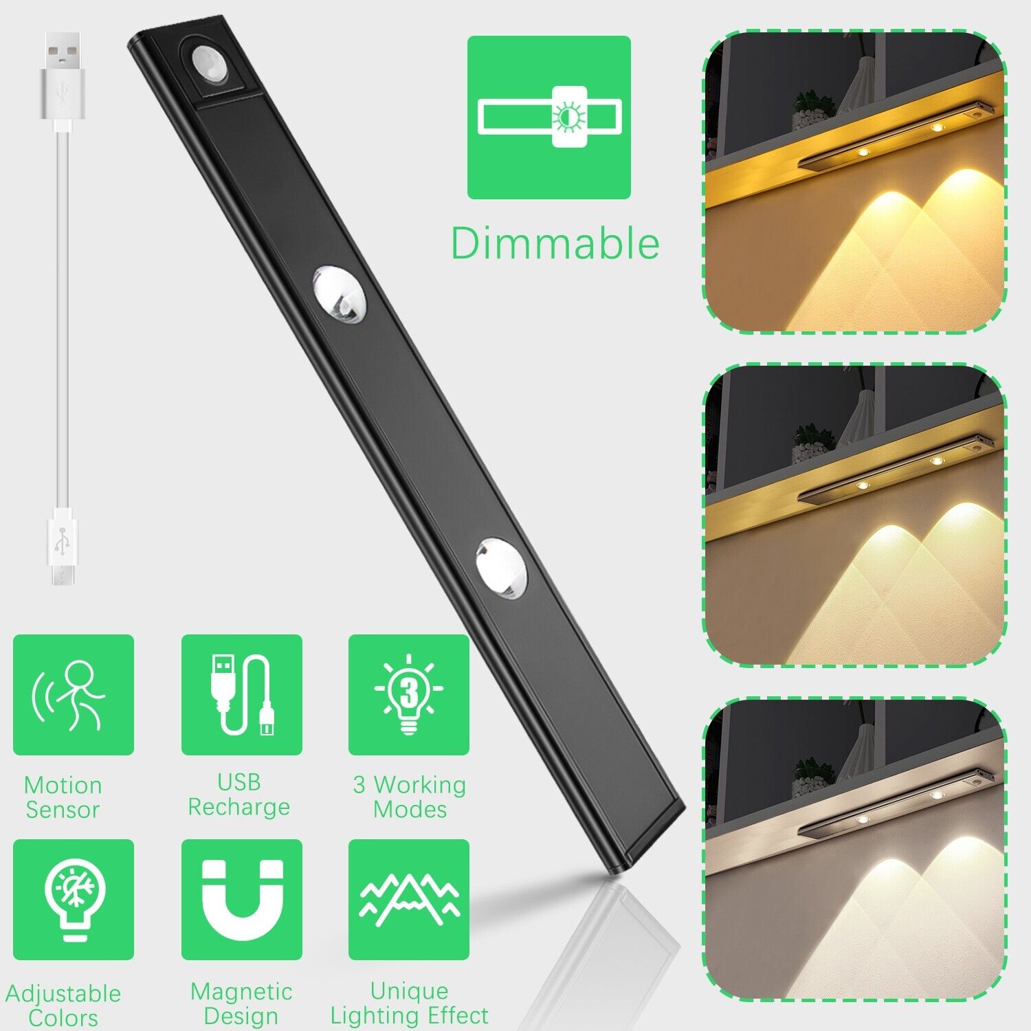 Dimmable LED Motion Sensor Cabinet Closet Light USB Rechargeable Kitchen Lamp