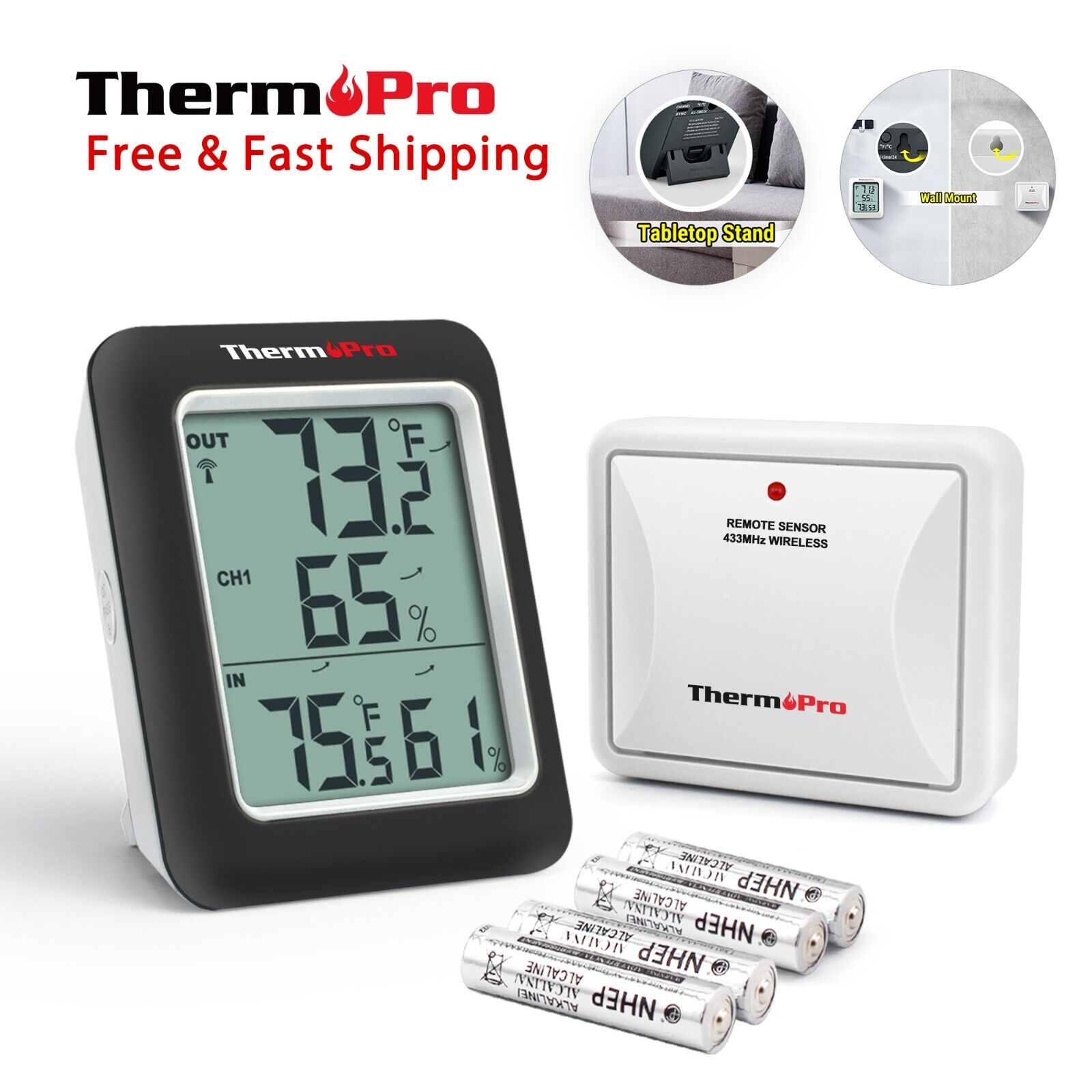 ThermoPro TP60BW Indoor Outdoor Thermometer Hygrometer Wireless Humidity Meter