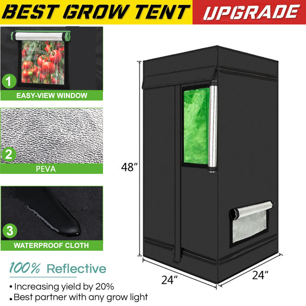 2\'x4\' Hydroponic Grow Tent with Observation Window and Floor Tray Plant Growing